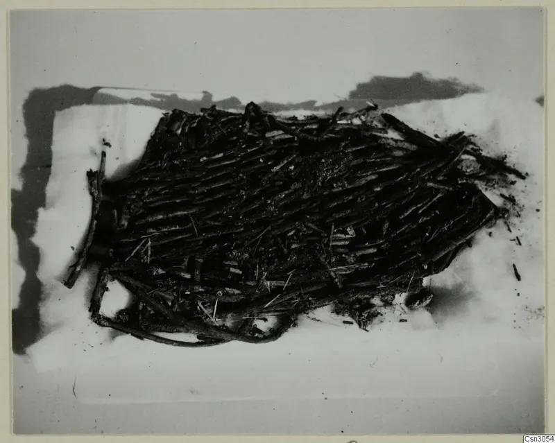 Dark woven basket of twigs or rods lying on a pale surface, photographed from above.