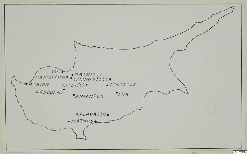Line drawing map of Cyprus with dots marking copper mining centres and their place names.