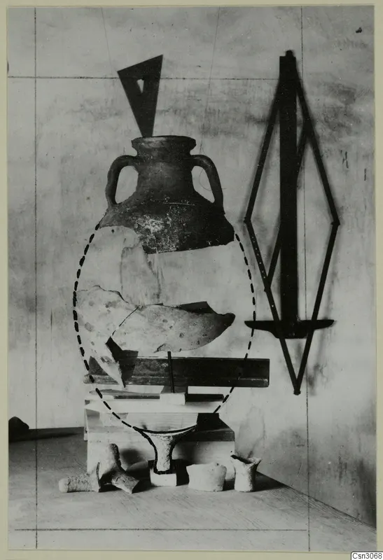 Reconstructed two-handled amphora from the ancient mine at Skouriotissa, with a dashed line showing the missing outline.
