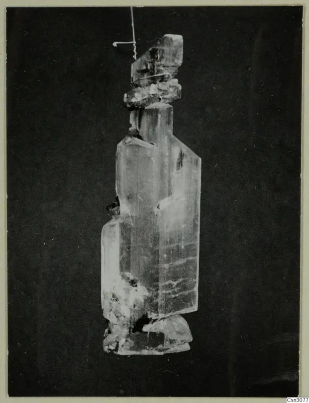 Selenite crystal from the Skouriotissa mine, hanging by a thread against a dark background