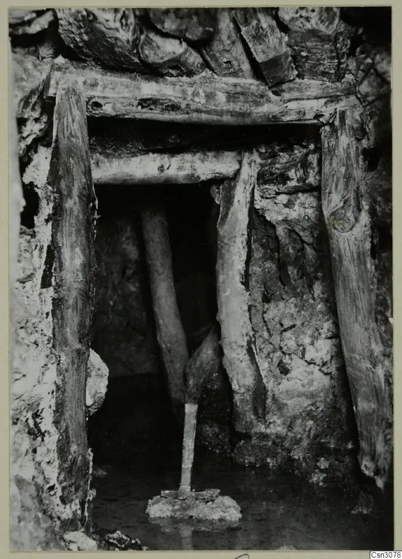 Entrance to a copper mine gallery framed by timber posts and a lintel, with water standing on the floor.