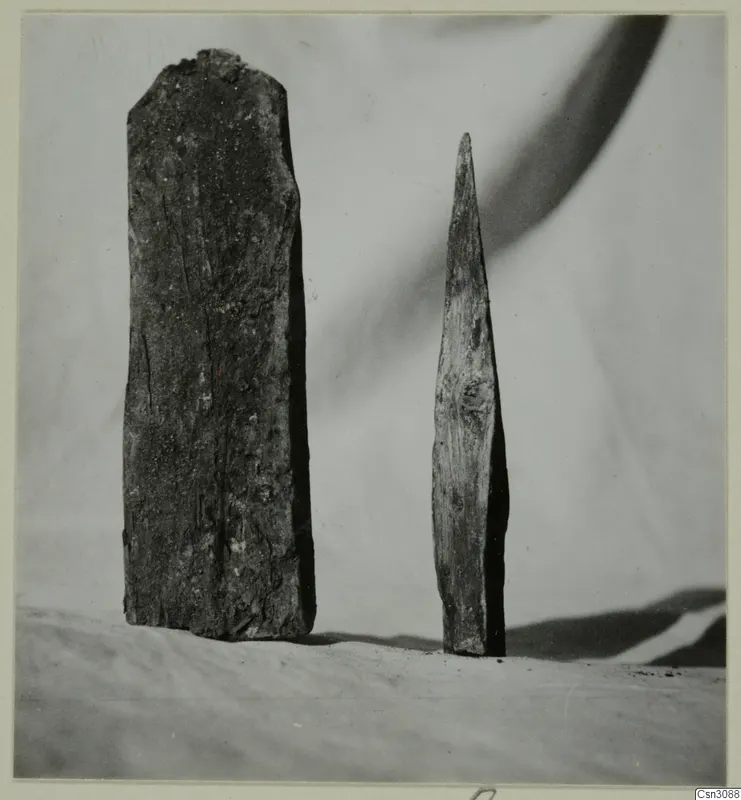 Two ancient wooden wedges standing upright on a pale surface, one thick and blocky, one slender and pointed