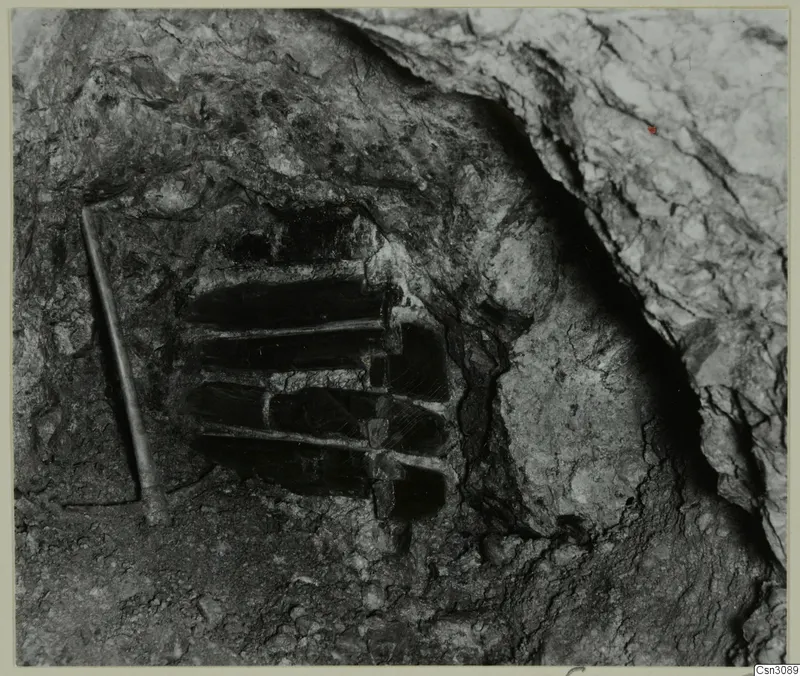 Crib-timbered shaft in rock face, with a rod placed alongside it