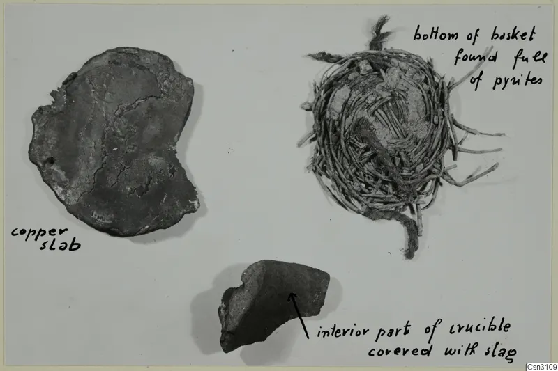 Three finds on a card: a flat copper slab, a basket base with grey lumps, and a crucible fragment, with handwritten labels.