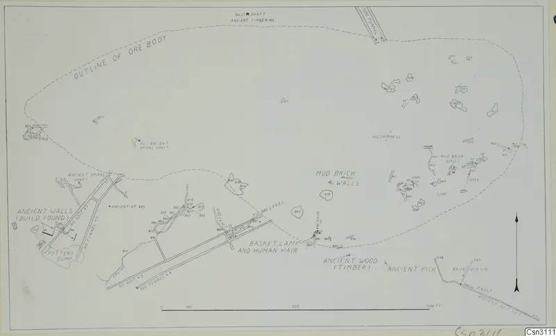 Plan of the Skouriotissa orebody showing ancient underground workings and a pottery dump