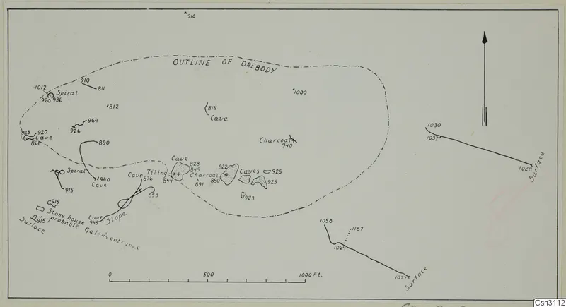 Plan of the orebody at Skouriotissa with ancient underground workings, marked caves, charcoal spots and surface lines