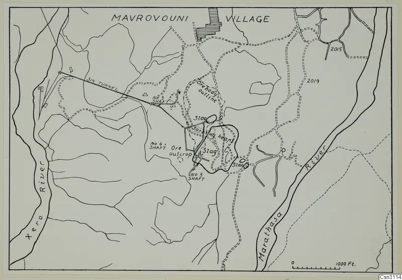 Plan of the Mavrovouni orebody with ancient slag piles, tunnel, shafts and rivers.