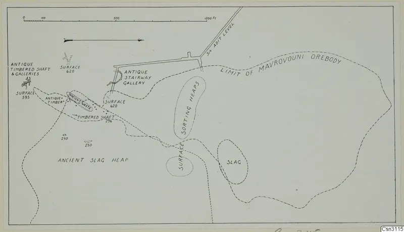 Plan of ancient workings at Mavrovouni showing shafts, galleries, slag heaps and a dashed boundary line.