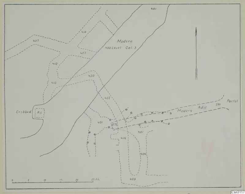 Plan of ancient workings on the 400 ft level at Mavrovouni, drawn in ink