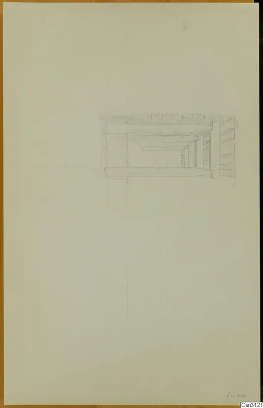 Pencil drawing of a structure built with horizontal boards and beams, from the Cypriote mining series
