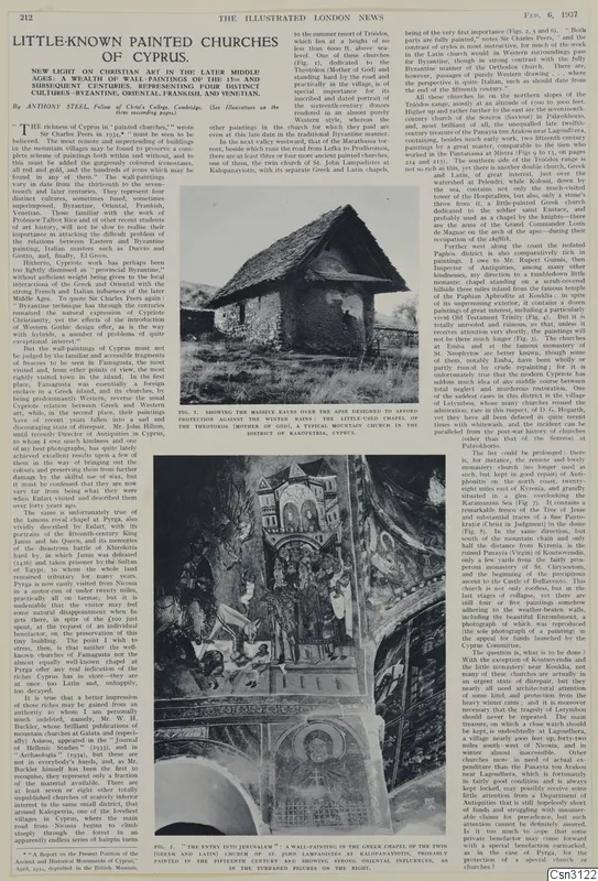 Printed magazine page with photographs of a mountain church and a church wall painting, beside article text