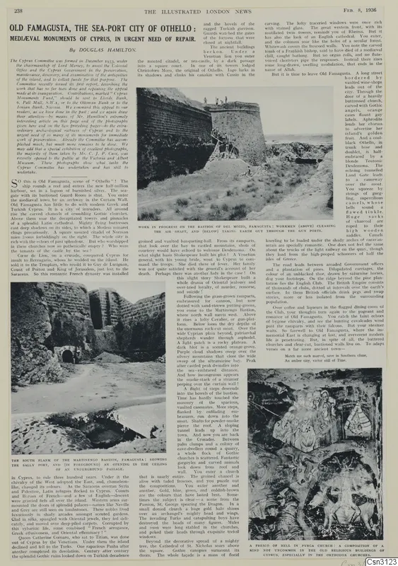 Printed magazine page with an article and photographs of a ruined stone bastion, workers clearing a shaft, and a painted scene.