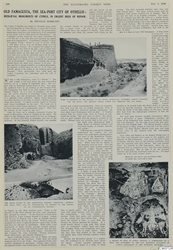 Printed magazine page of an article on medieval monuments of Cyprus, with three photographs of stonework and a painted wall.