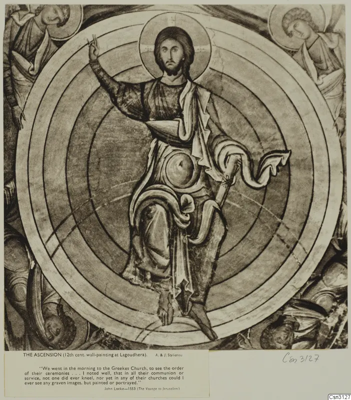 Reproduced wall-painting of the Ascension at Lagoudhera: a haloed figure within concentric rings, with angels in the corners
