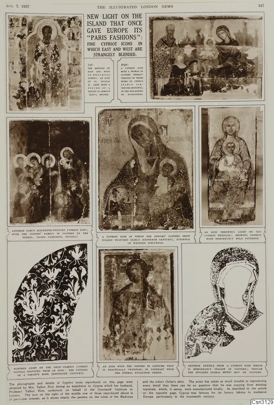 Printed page of photographs of medieval Cypriot icons and textile patterns, with headline and captions