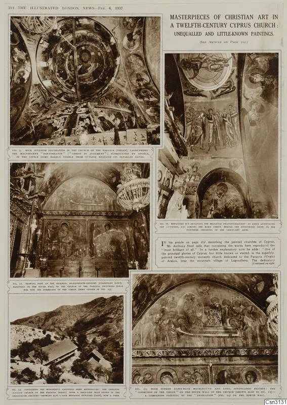 Printed page with several photographs of church wall paintings and a mountain church, with article text in columns.