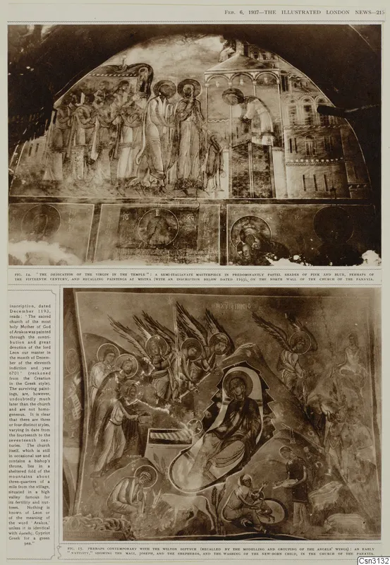 Printed page with two photographs of painted wall decoration and a narrow column of text on the left.