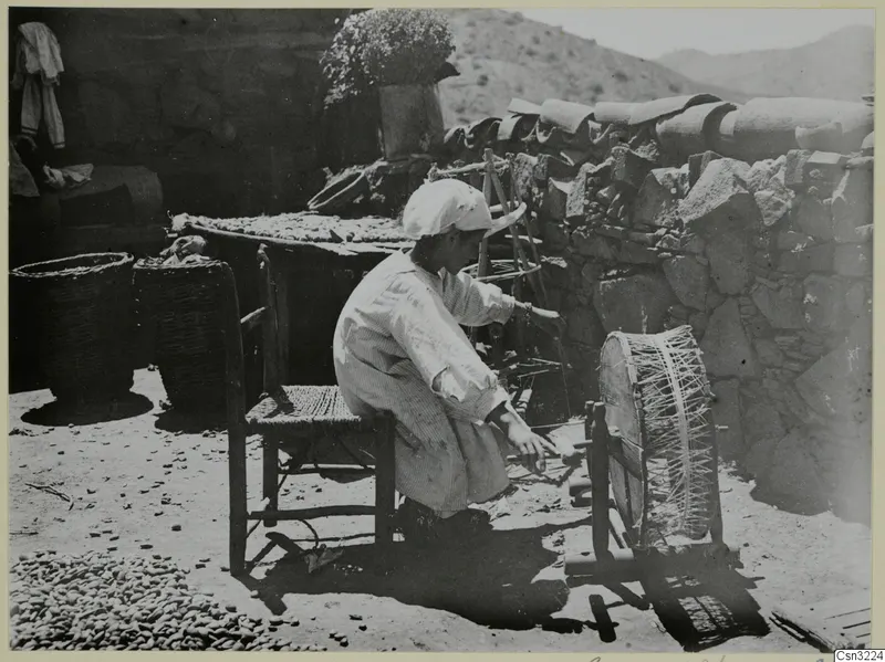 Person in a headscarf and striped smock working at a wooden frame in a yard beside a stone wall.