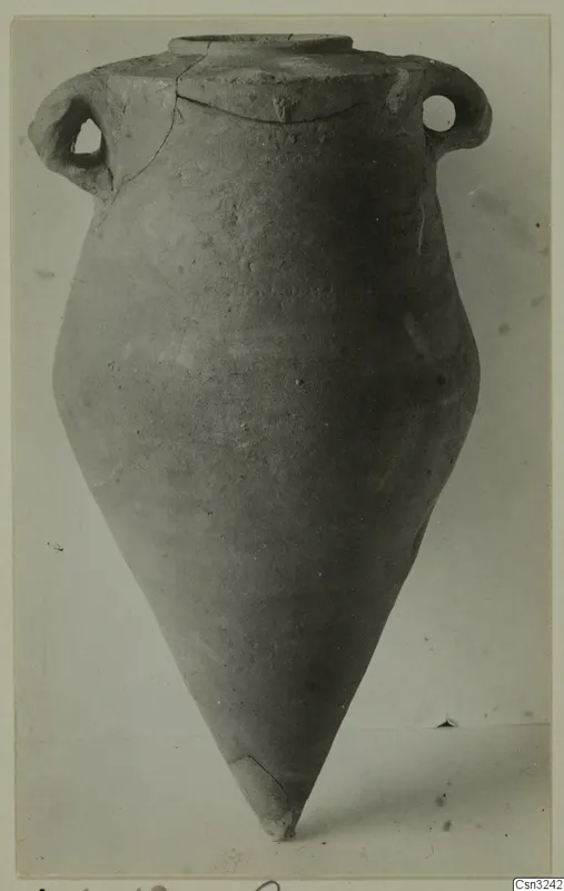 Pottery pithos with a pointed base and two small loop handles on the shoulder