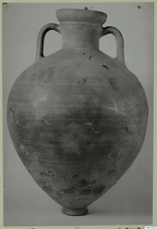 Large two-handled storage jar with a wide flat rim, shown against a grey backdrop.