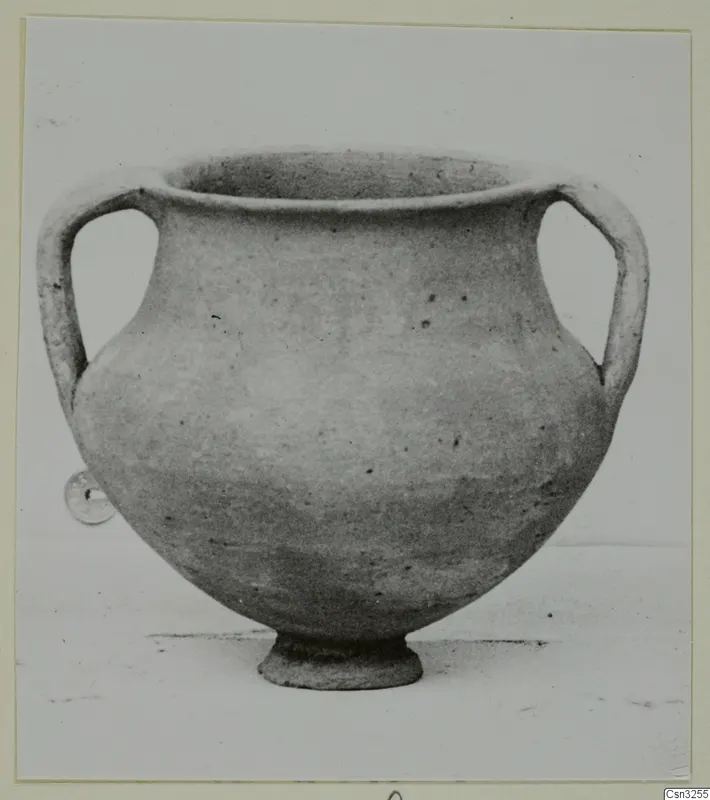 Two-handled pottery jar with a wide mouth and footed base, photographed against a plain background.