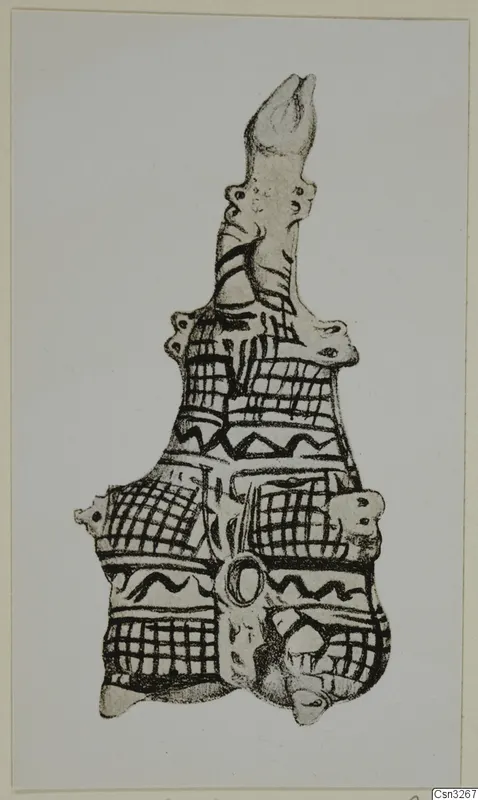 Drawing of a White Painted pottery vessel with a tall neck, knob-like projections and painted bands of cross-hatching and wavy lines