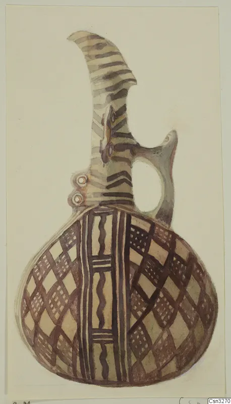 Painted drawing of a pottery vessel with a tall curved neck, loop handle and lattice decoration, White Painted III-2 type