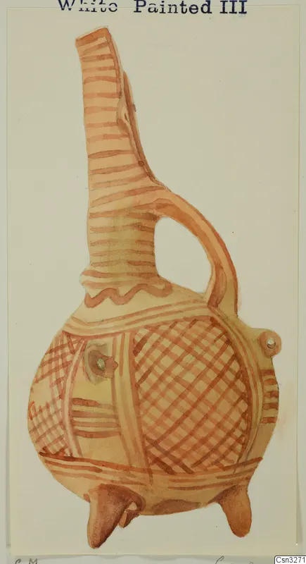 Drawing of a White Painted III vessel with a tall neck, loop handle and three feet, decorated in red bands and cross-hatching