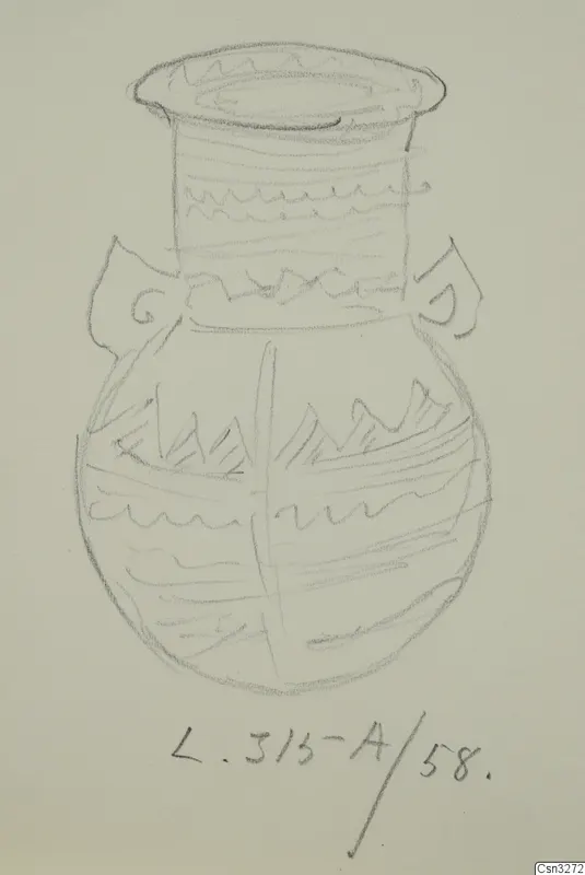 Field drawing of a White Painted III-2 pottery vessel from Lapithos, with two handles and painted bands