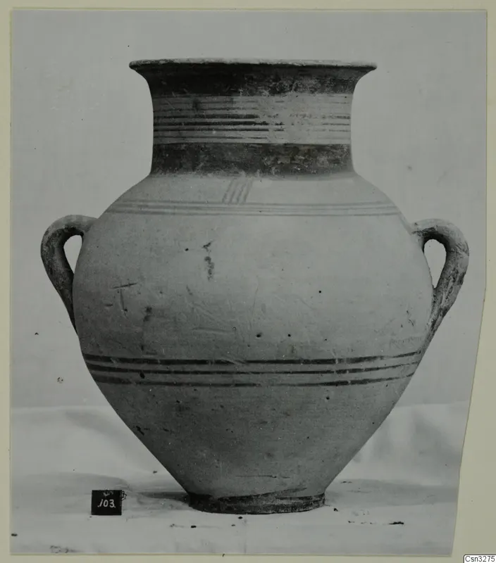 White Painted III-1 jar from Lapithos, Kastros tombs, with two handles, a flaring rim and horizontal painted bands
