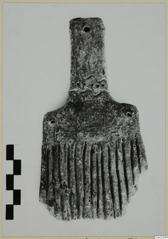 Grey pitted object with a long narrow neck, a wavy incised band and a grooved comb-like base, beside a scale bar