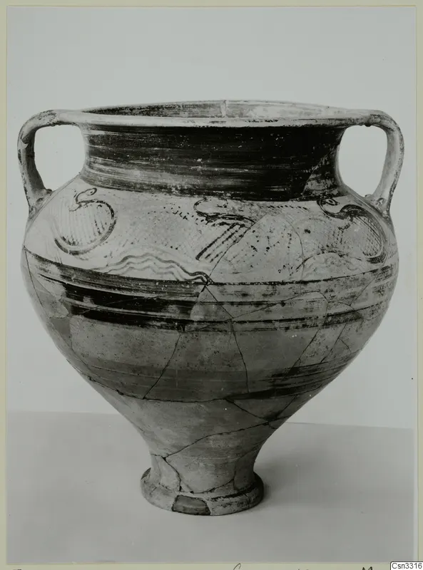 Levanto-Helladic Ware amphora-crater from Enkomi with two handles, dark painted bands and motifs on the upper body