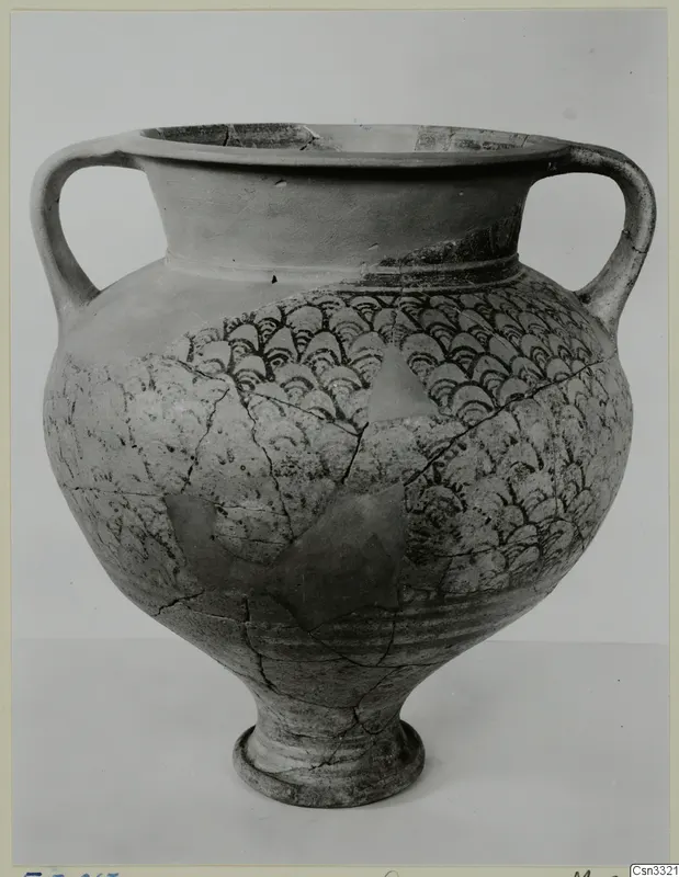 Two-handled Levanto-Helladic Ware amphora-crater with dark painted scale pattern on the shoulder