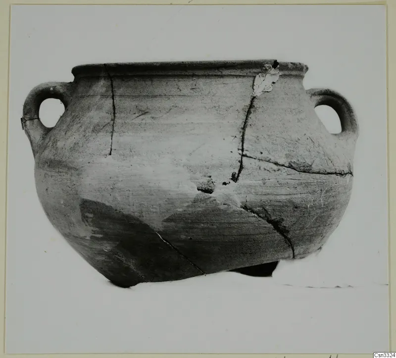 Round pottery vessel with a wide rim and two loop handles, photographed upright against a pale backdrop.