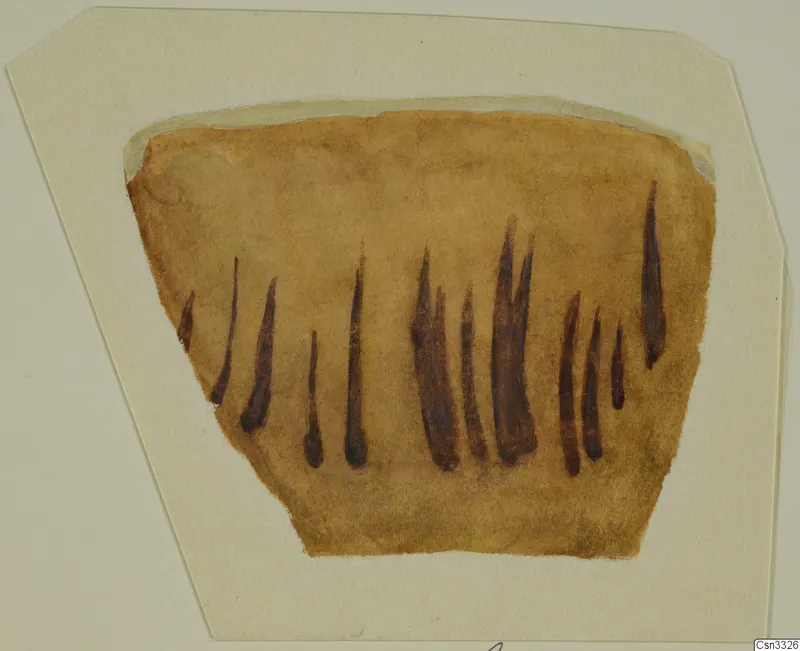 Painted drawing of a pottery sherd with dark brown vertical strokes on a buff surface