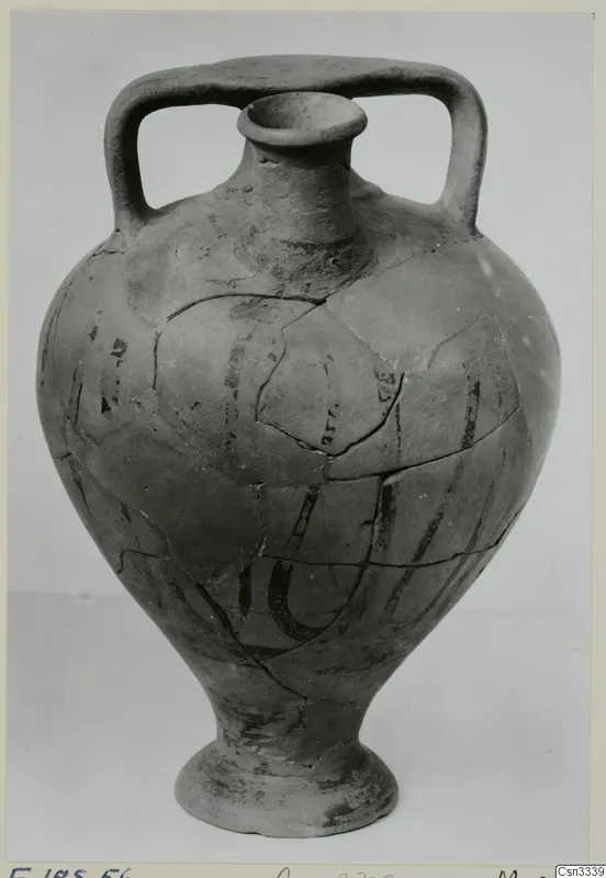 Levanto-Helladic bowl-jar with two handles and a narrow neck, reconstructed from joined sherds with dark painted bands