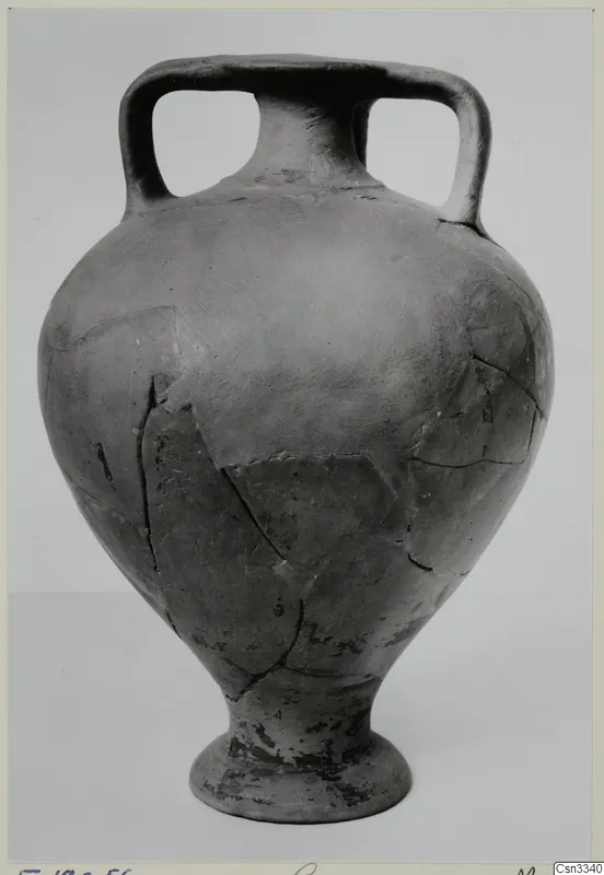 Pottery bowl-jar from Enkomi with two handles, a tall narrow neck and a flaring foot, seen from the front