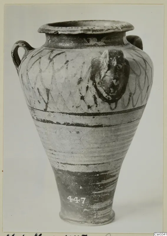 Levanto-Helladic bowl-jar with two handles and painted wavy and banded decoration, shown on a mounted photo card