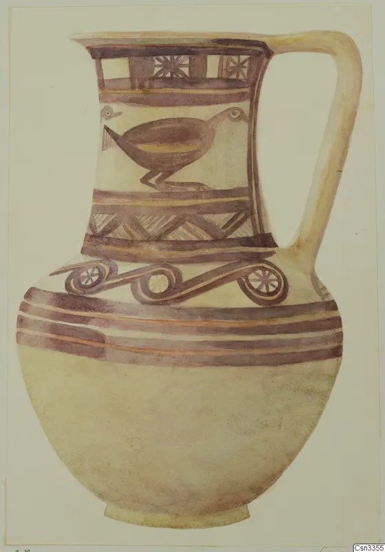 Painted drawing of a jug with a handle, reddish-brown bands, a bird and spiral motifs on the body