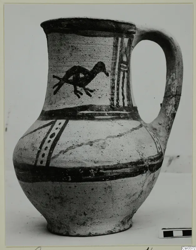 Painted jug with a loop handle and dark bands, Pottery Bichrome Wheel-made, from Heurltey