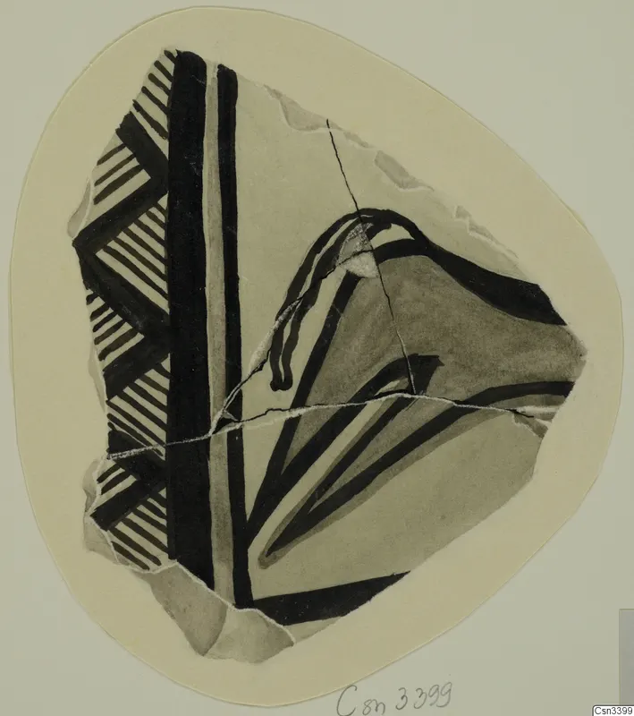 Drawing of a painted pottery sherd with black bands and hatched triangles on a cream mount