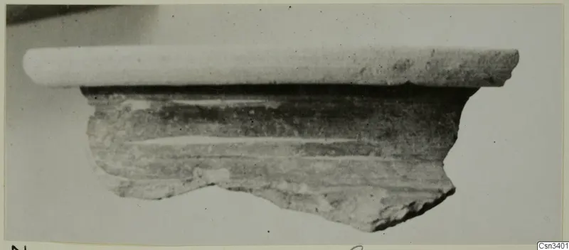 Rim and body fragment of a wheel-made pottery vessel, photographed against a plain background.