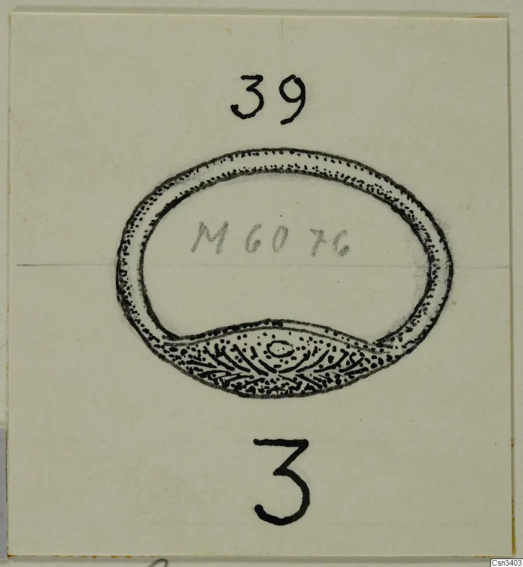 Field drawing of a finger ring with an oval bezel, on a pale card with number labels