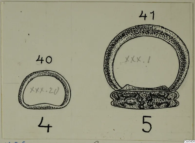 Field drawing of two rings, one small and one large with a decorated flat base, in ink on a card.