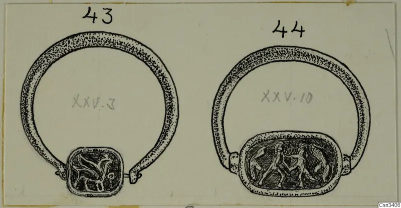 Ink drawing of two gold finger rings with engraved square and oval bezels.