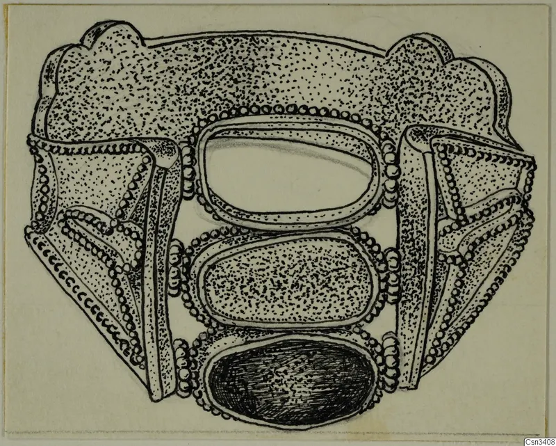 Ink drawing of a gold ornament with three oval frames edged in beaded wire and triangular side panels.