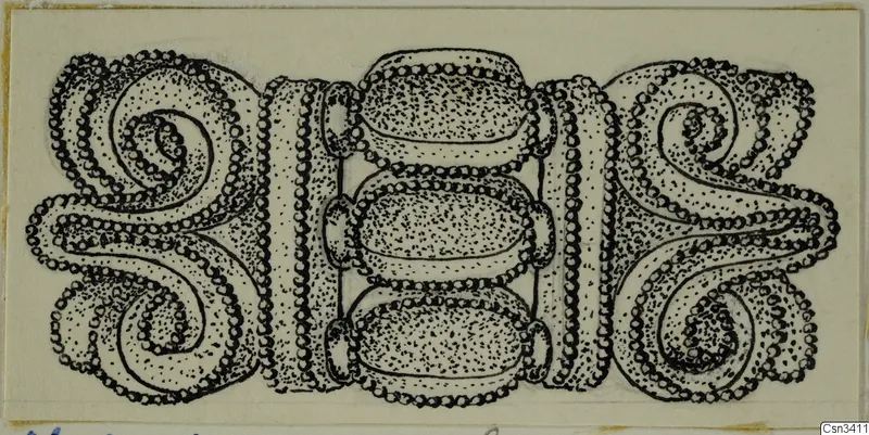 Drawing of a gold ornament with spiral scrolls at each end and three oval panels in the centre