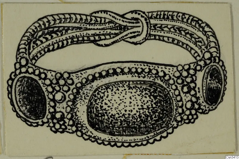 Ink drawing of a gold ring with a twisted, knotted band and oval settings with a beaded border