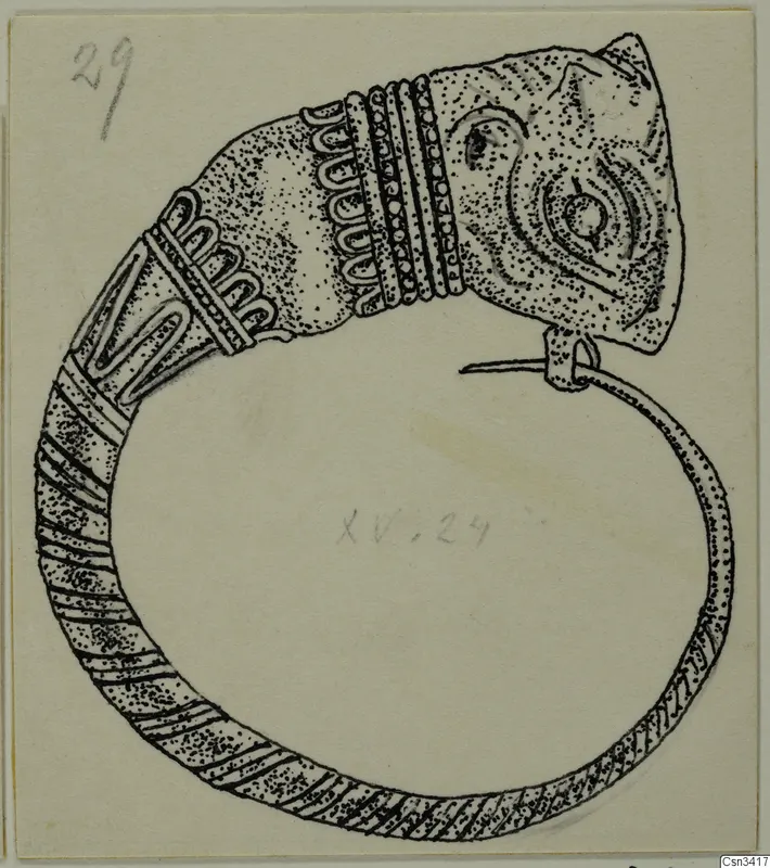 Ink drawing of a hoop-shaped piece of jewellery with a head-shaped terminal, ridged bands and looped wire ornament