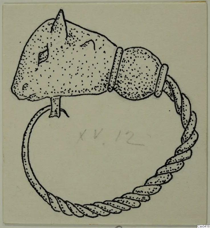 Ink drawing of a twisted-wire ring ending in a head with pointed ears and a collar of two bands